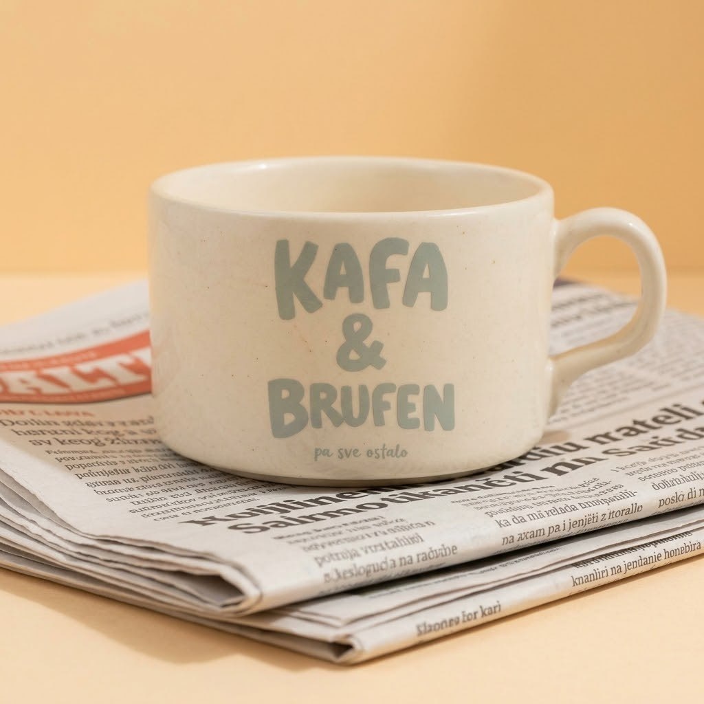 Bela šoljica sa natpisom Kafa i Brufen pa sve ostalo
